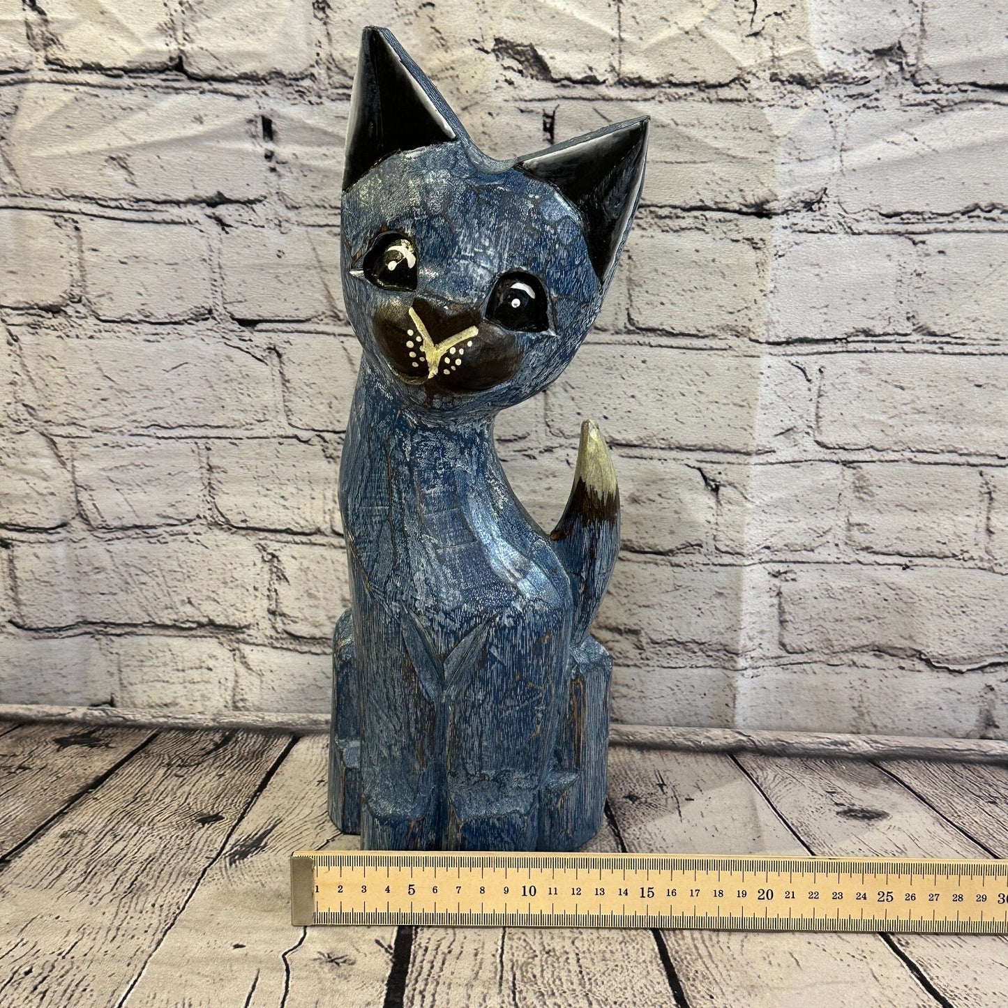 35cm x 15cm Blue Flower Wooden Shabby Cat Statue Ornament Fair Trade Handcarved