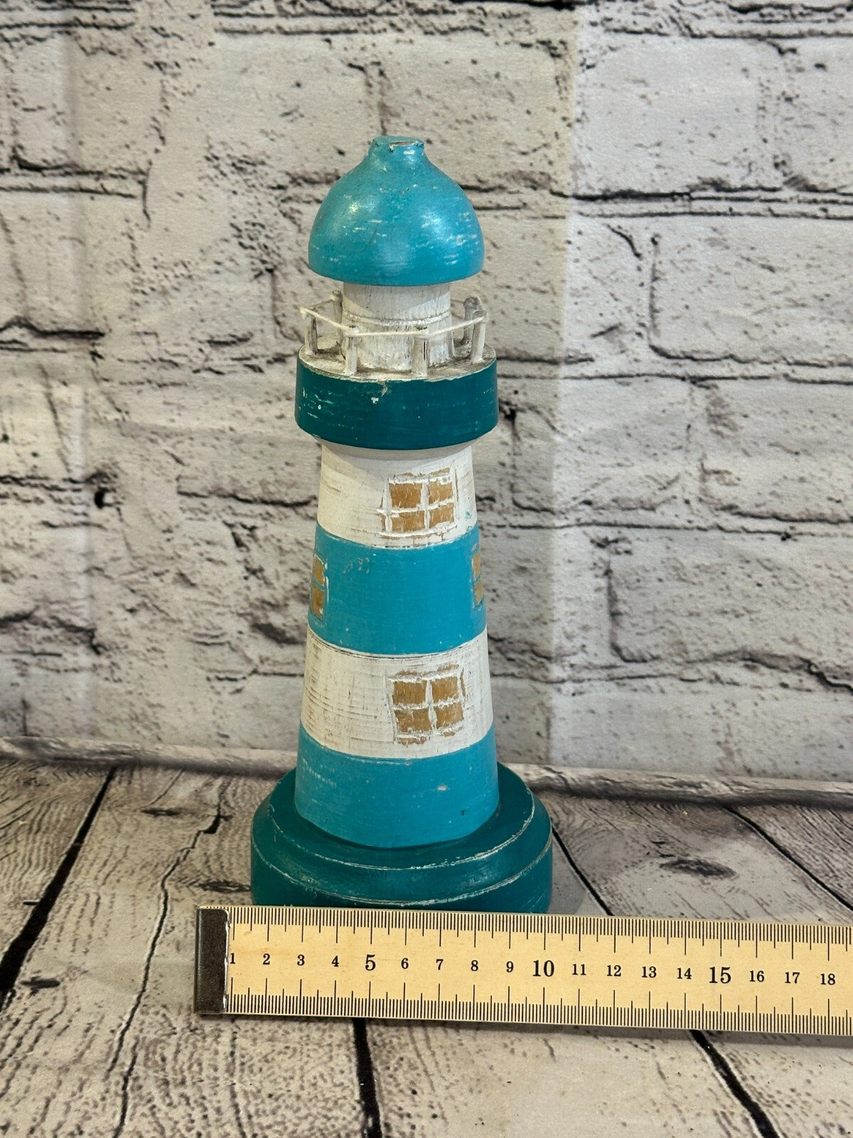 25cm Green White Wooden Lighthouse Ornament Nautical Coastal Sculpture Statue