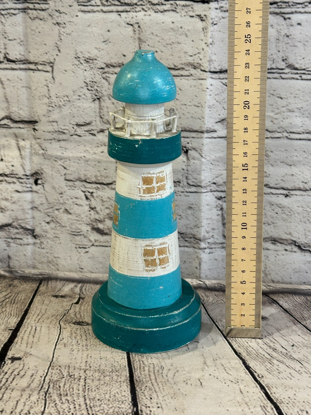 25cm Green White Wooden Lighthouse Ornament Nautical Coastal Sculpture Statue