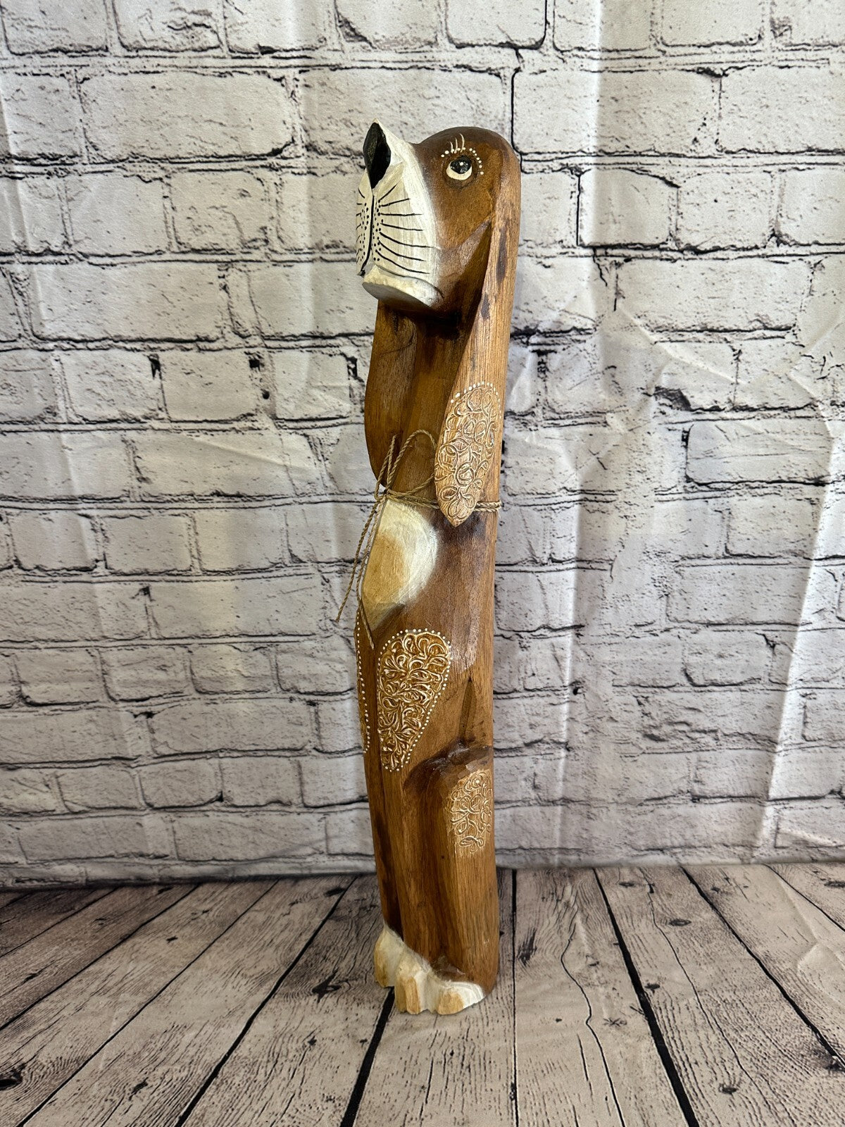 60cm Dark Brown Flower Wooden Shabby Dog Statue Ornament Fair Trade Handcarved