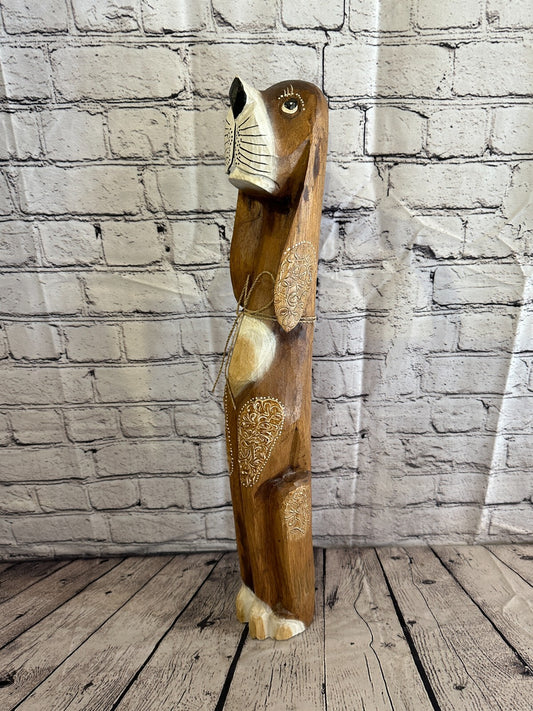 60cm Dark Brown Flower Wooden Shabby Dog Statue Ornament Fair Trade Handcarved
