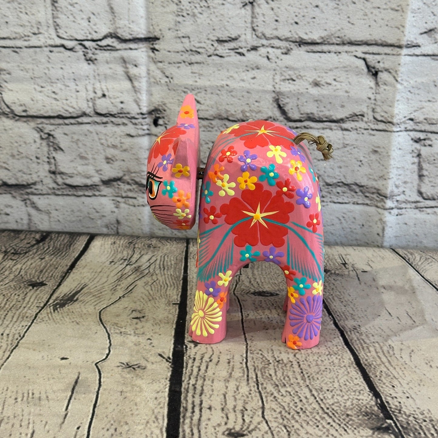 Pink Large Wooden Cat With Flower Pattern 15cm x 10cm Handmade and Fairtrade