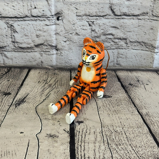 10cm Orange Tiger Sitting Animal, Wooden Shelf Ornament Handmade and Fairtrade
