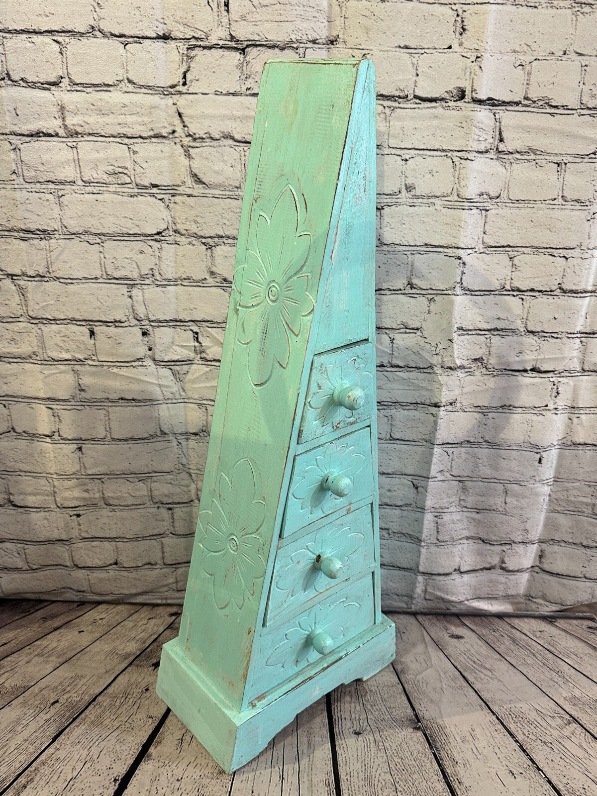 80cm x 30cm Green 3 Draw Pyramid Wooden Side Cabinet Living Storage Furniture