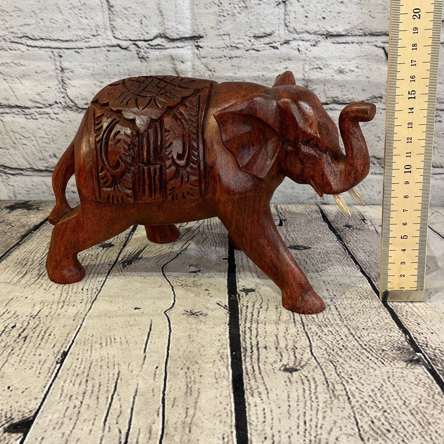 20cm x 15cm Carved Wooden Baby Elephant Wood Brown Sculpture Retro Handmade