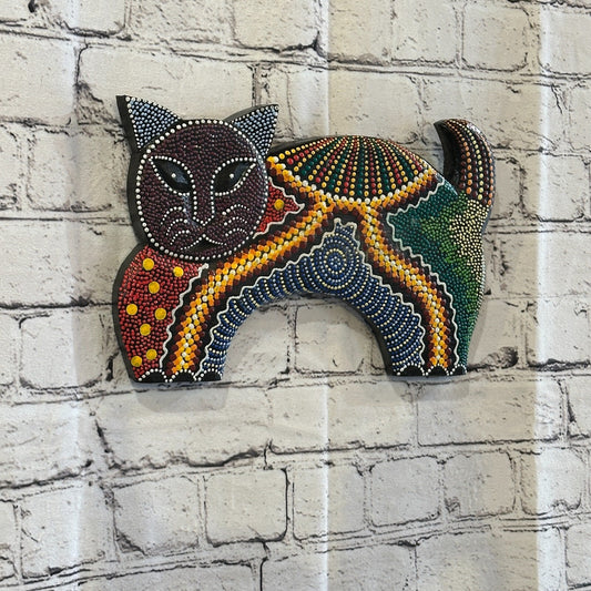 30cm Purple Cat Carved Wooden Dot Painted Ethnic Tribal Tiki Wall Art Handmade