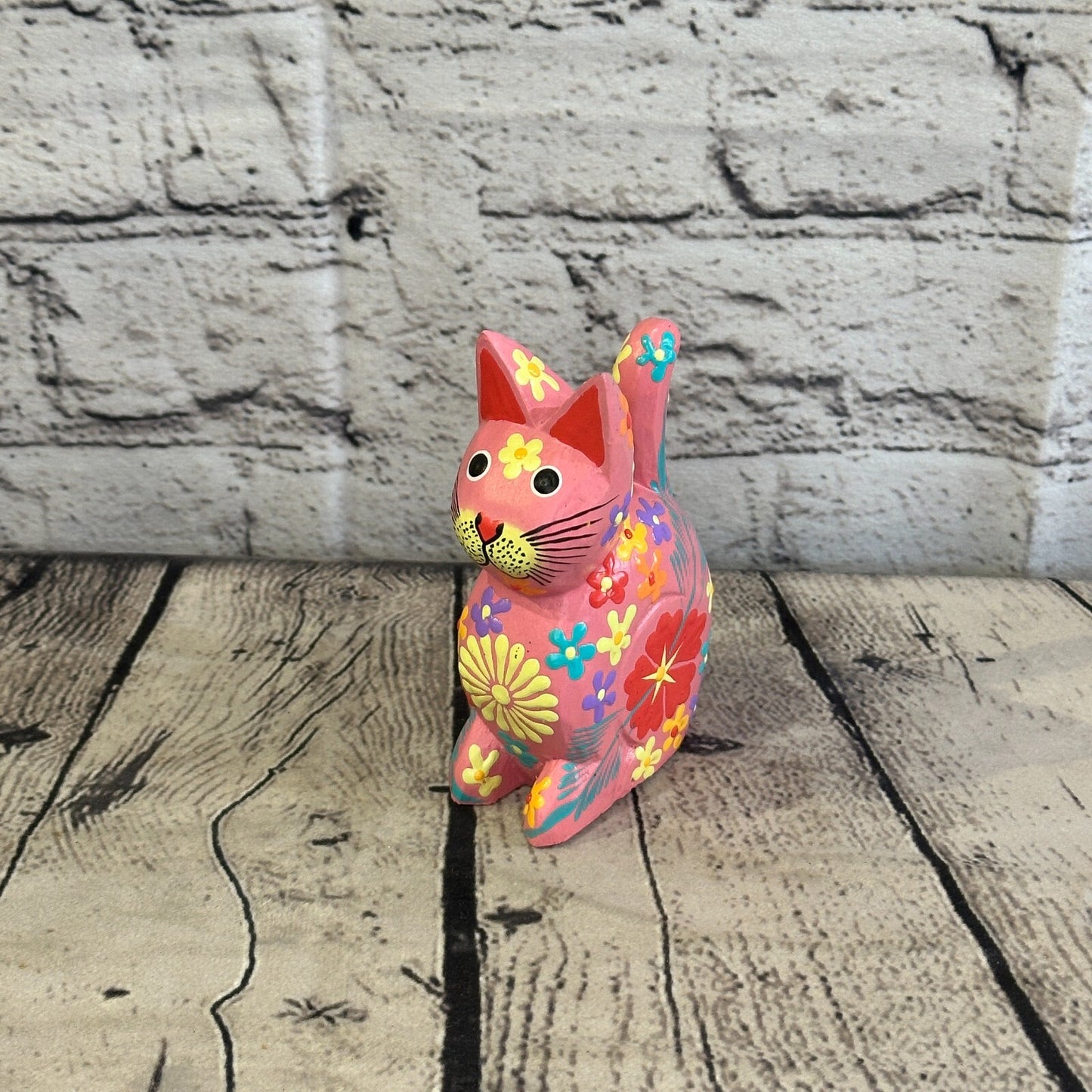 Pink Small Wooden Cat With Flower Pattern 12cm x 6cm Handmade and Fairtrade
