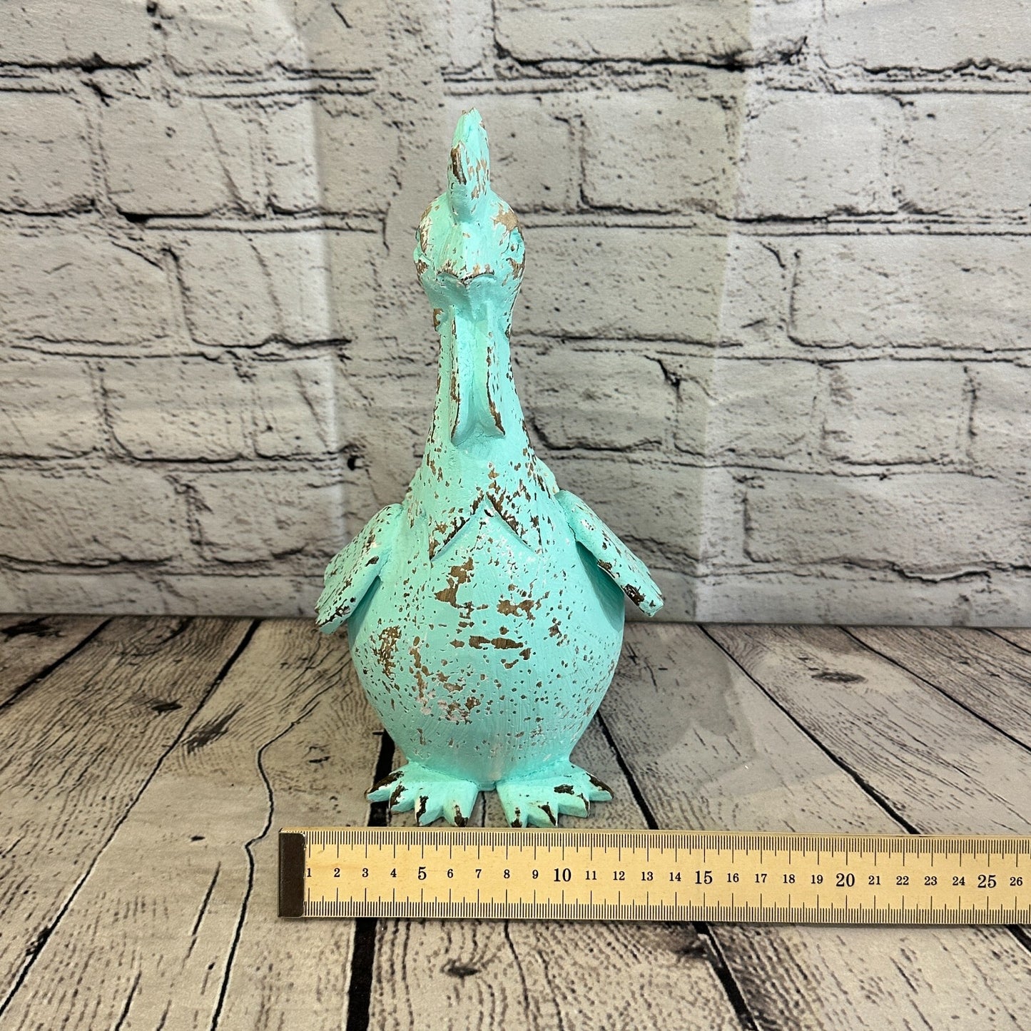 25cm x 12cm Green Shabby Wooden Rooster Cockerel Retro Collectable Hand Carved