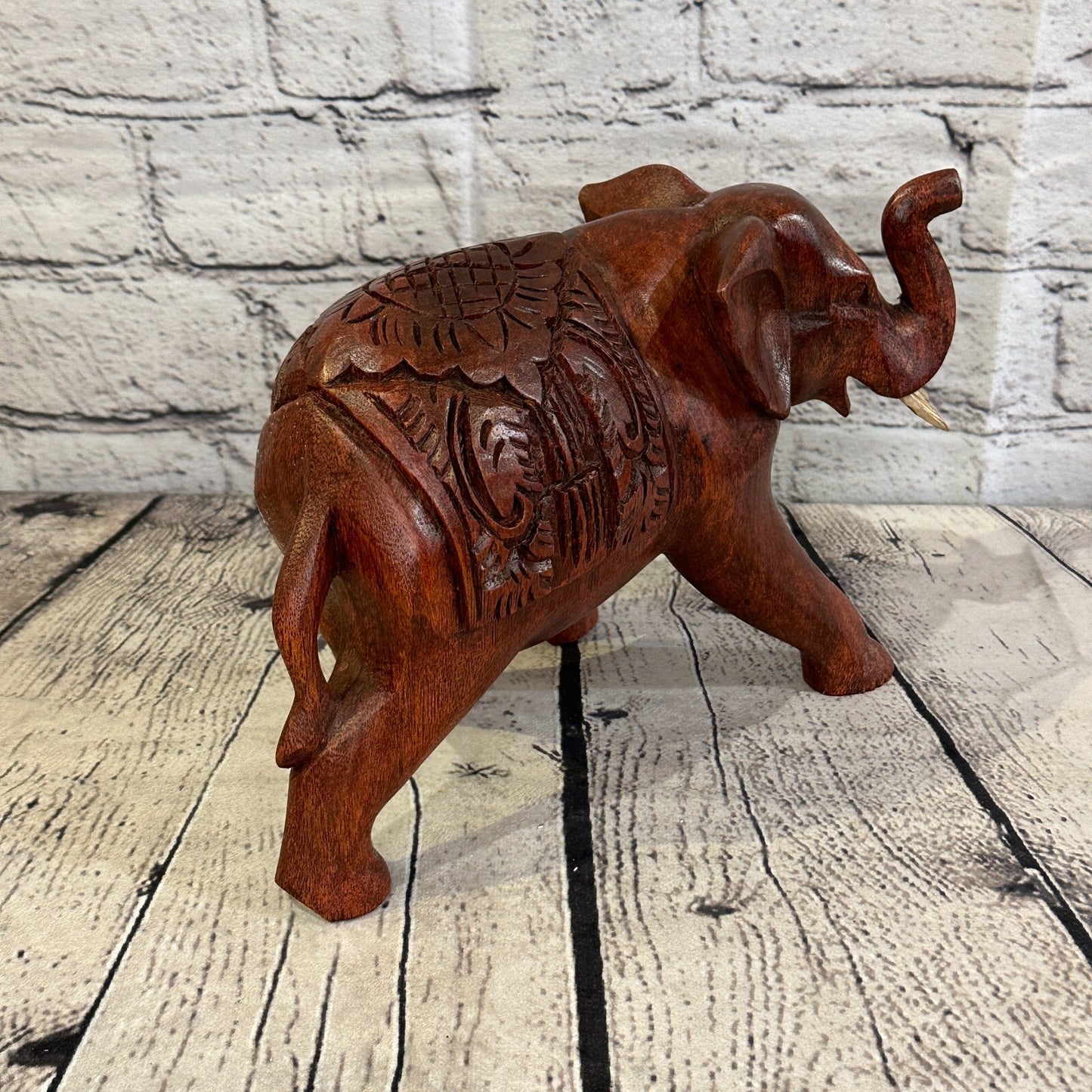 20cm x 15cm Carved Wooden Baby Elephant Wood Brown Sculpture Retro Handmade