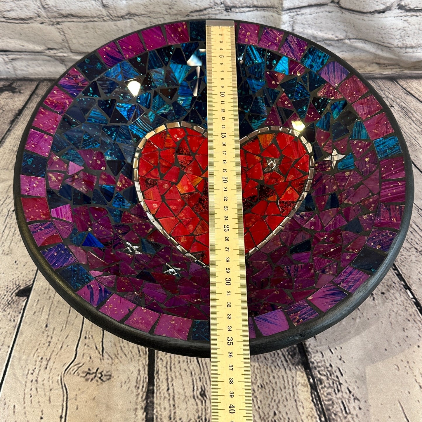 35cm Purple Red Heart Round Mosaic Handmade Ceramic Glass Tile Bowl Fruit