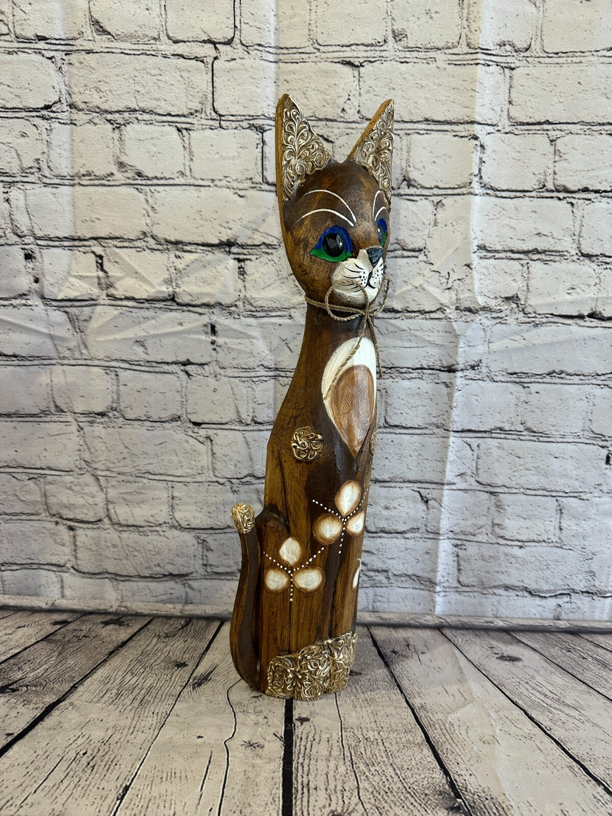 50cm Brown Swirl Flower Wooden Shabby Cat Statue Ornament Fair Trade Handcarved