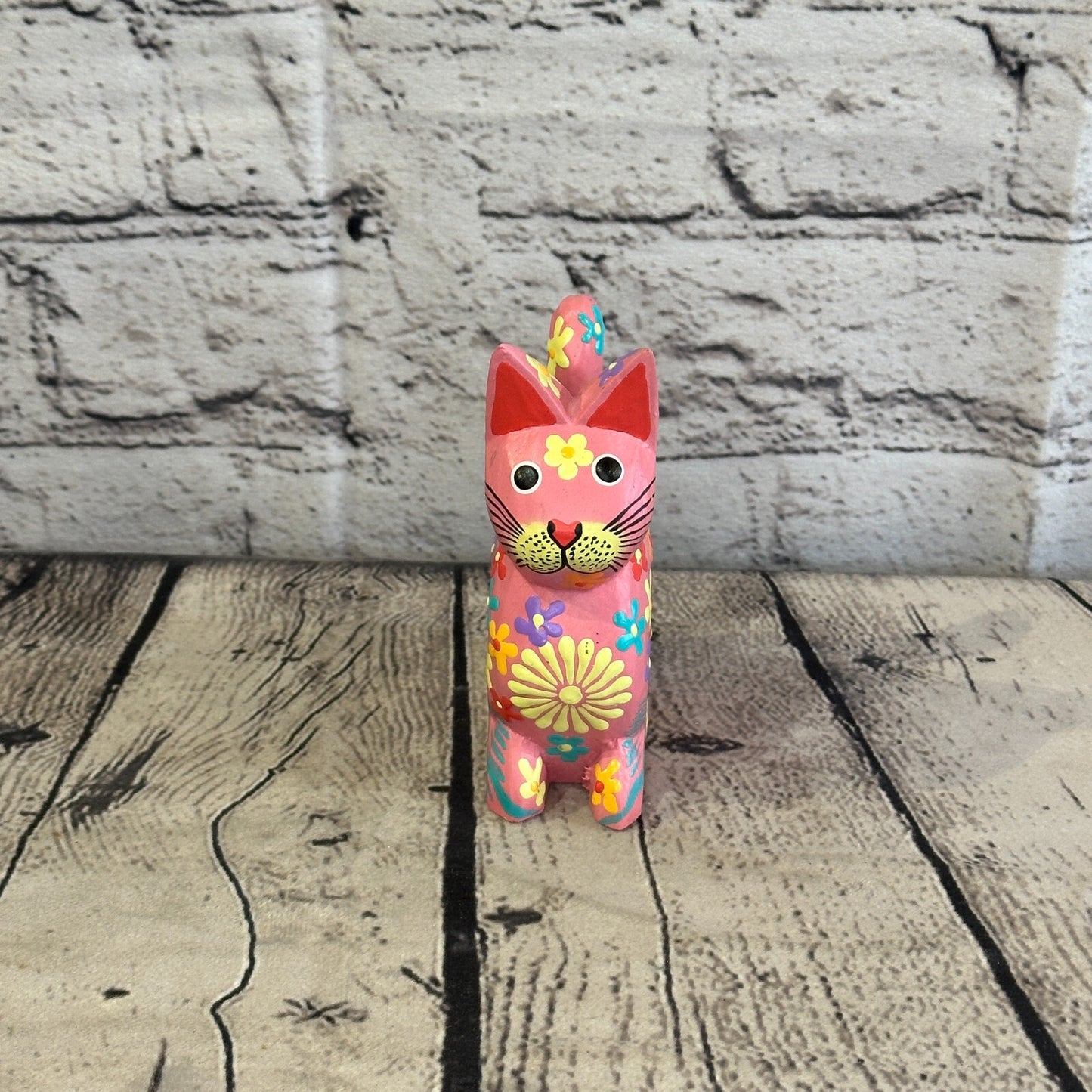 Pink Small Wooden Cat With Flower Pattern 12cm x 6cm Handmade and Fairtrade