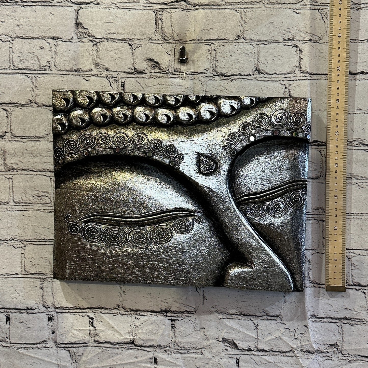 Wooden Wood Panel 40cm Brown Silver Buddha Eyes Lotus Wall Art Plaque Handcarved