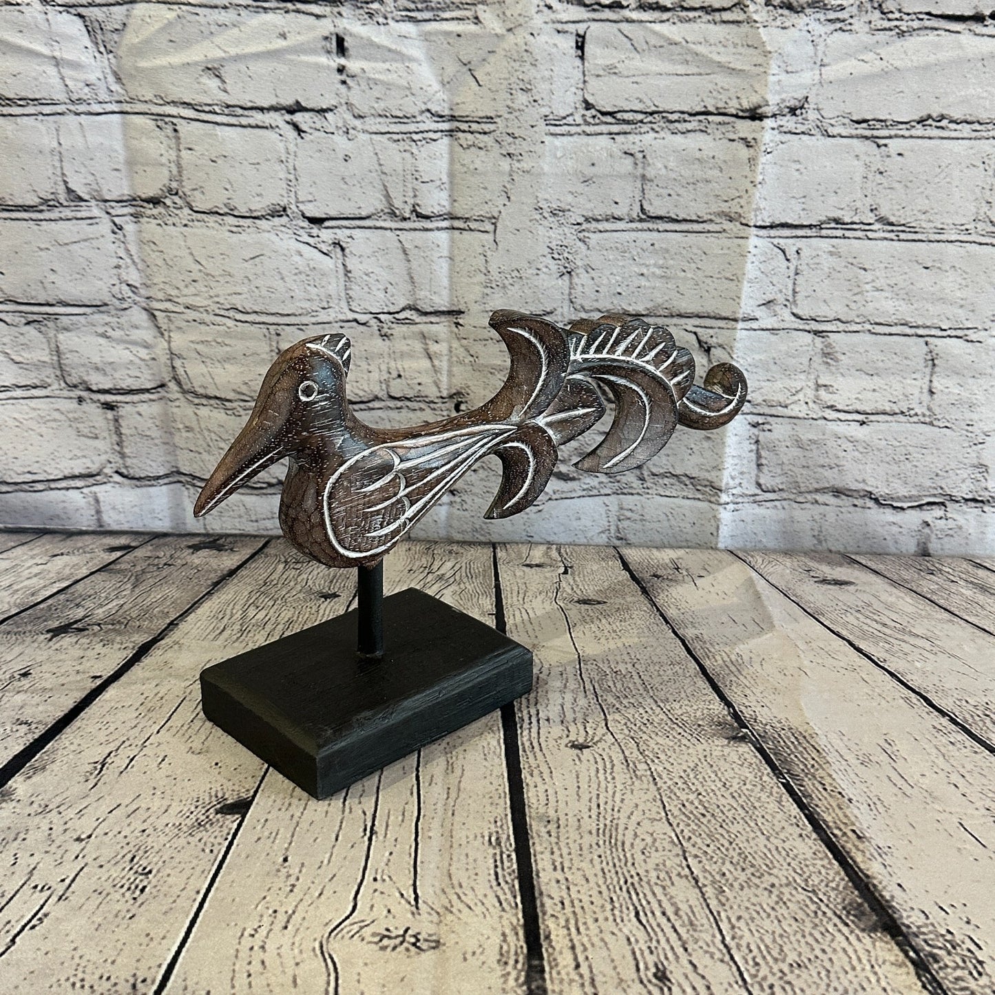 40cm x 20cm Wooden Tribal Primitive Black Phoenix Bird Stand Sculpture Statue