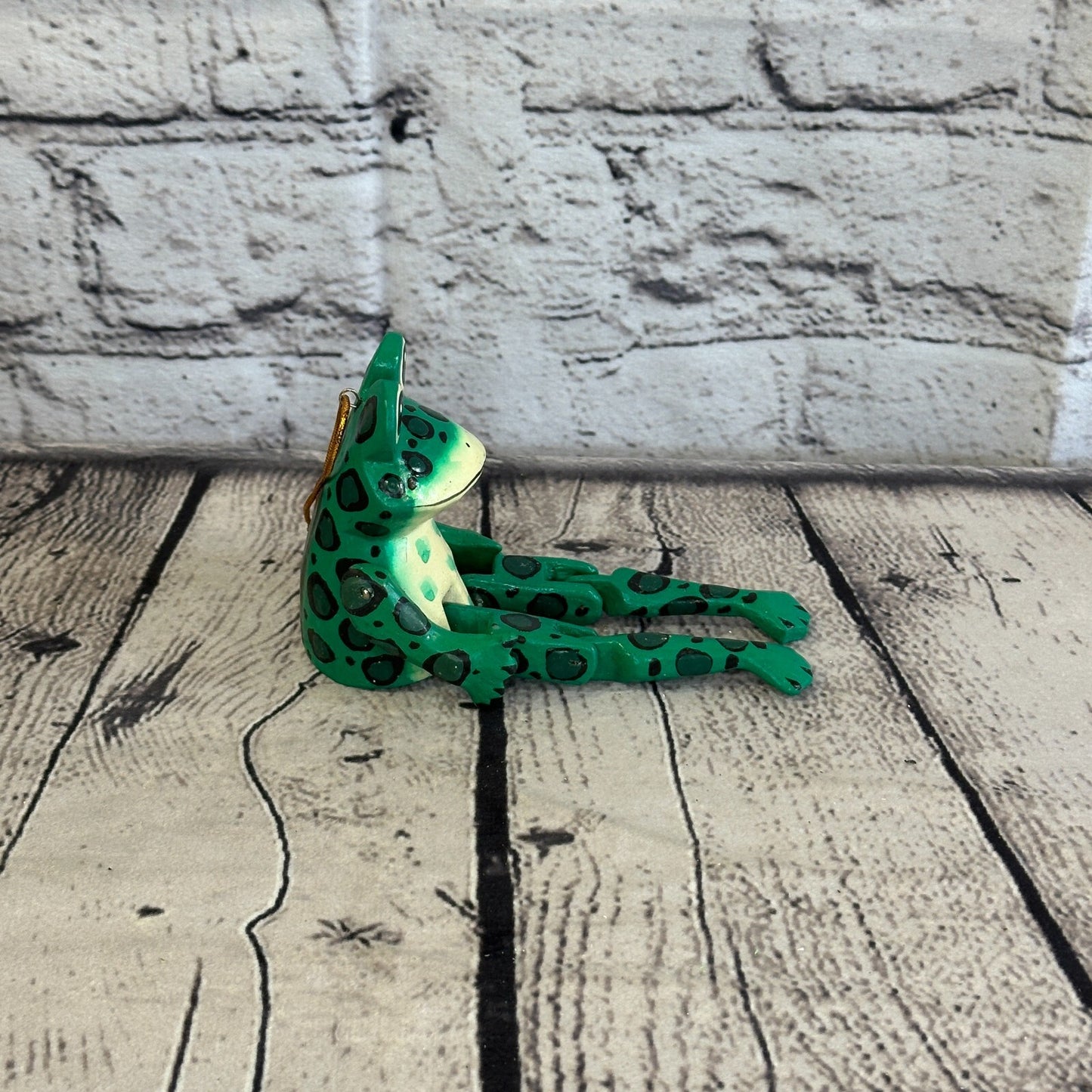 10cm Green Frog Sitting Animal, Wooden Shelf Ornament Handmade and Fairtrade