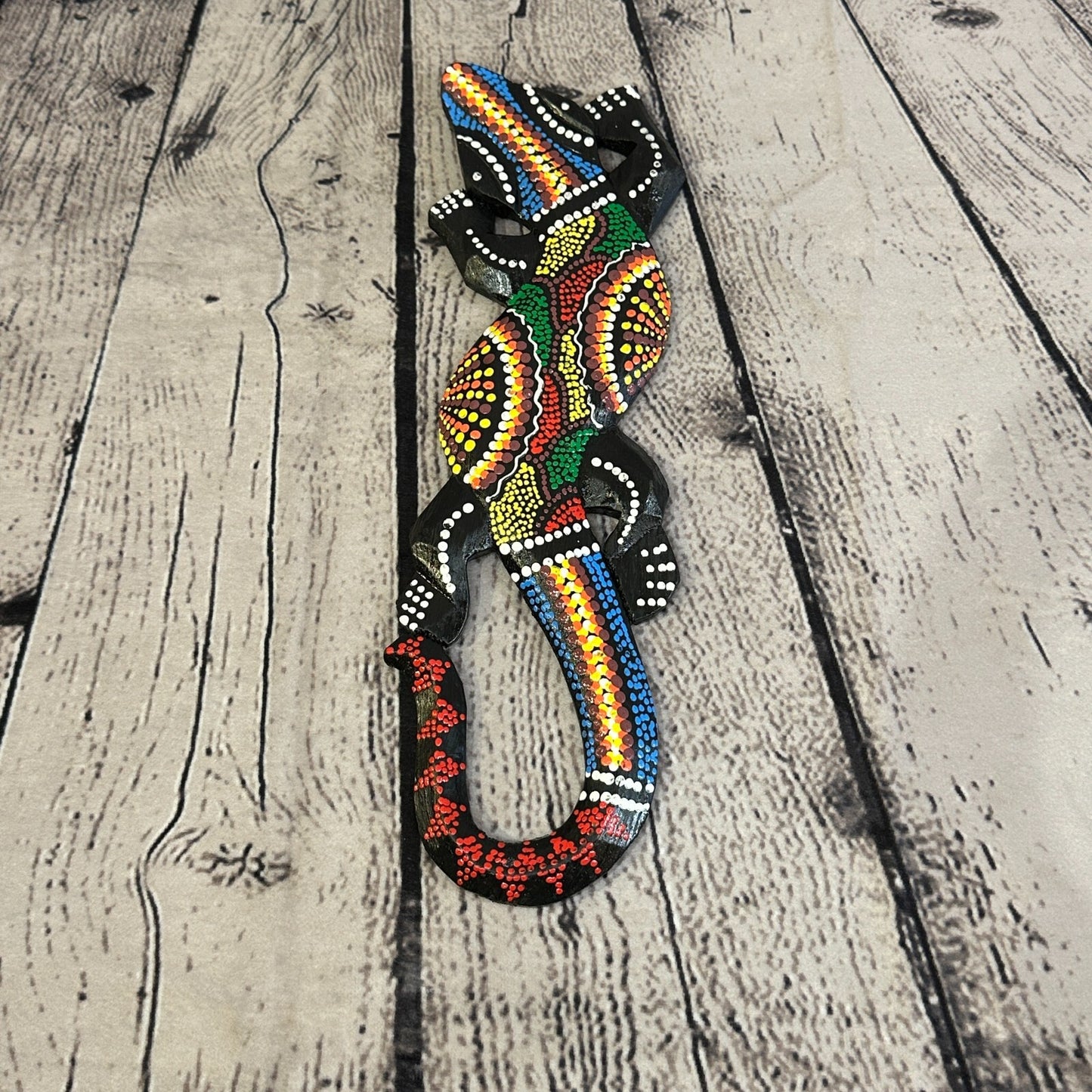 30cm Gecko Carved Wooden Dot Painted Ethnic Tribal Tiki Wall Handmade No 2