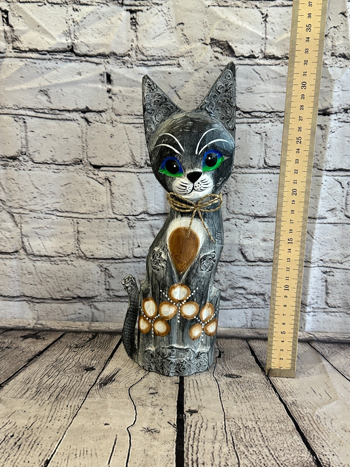 30cm Grey Swirl Flower Wooden Shabby Cat Statue Ornament Fair Trade Handcarved