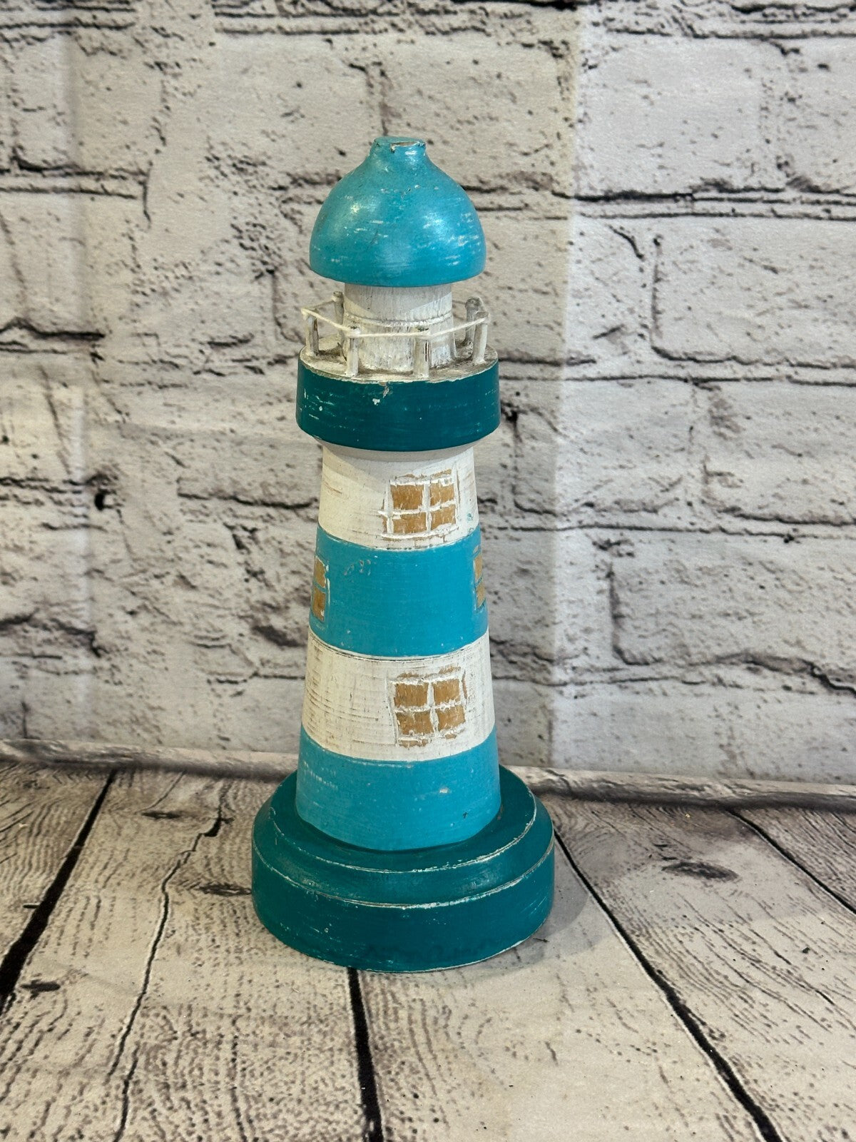 25cm Green White Wooden Lighthouse Ornament Nautical Coastal Sculpture Statue