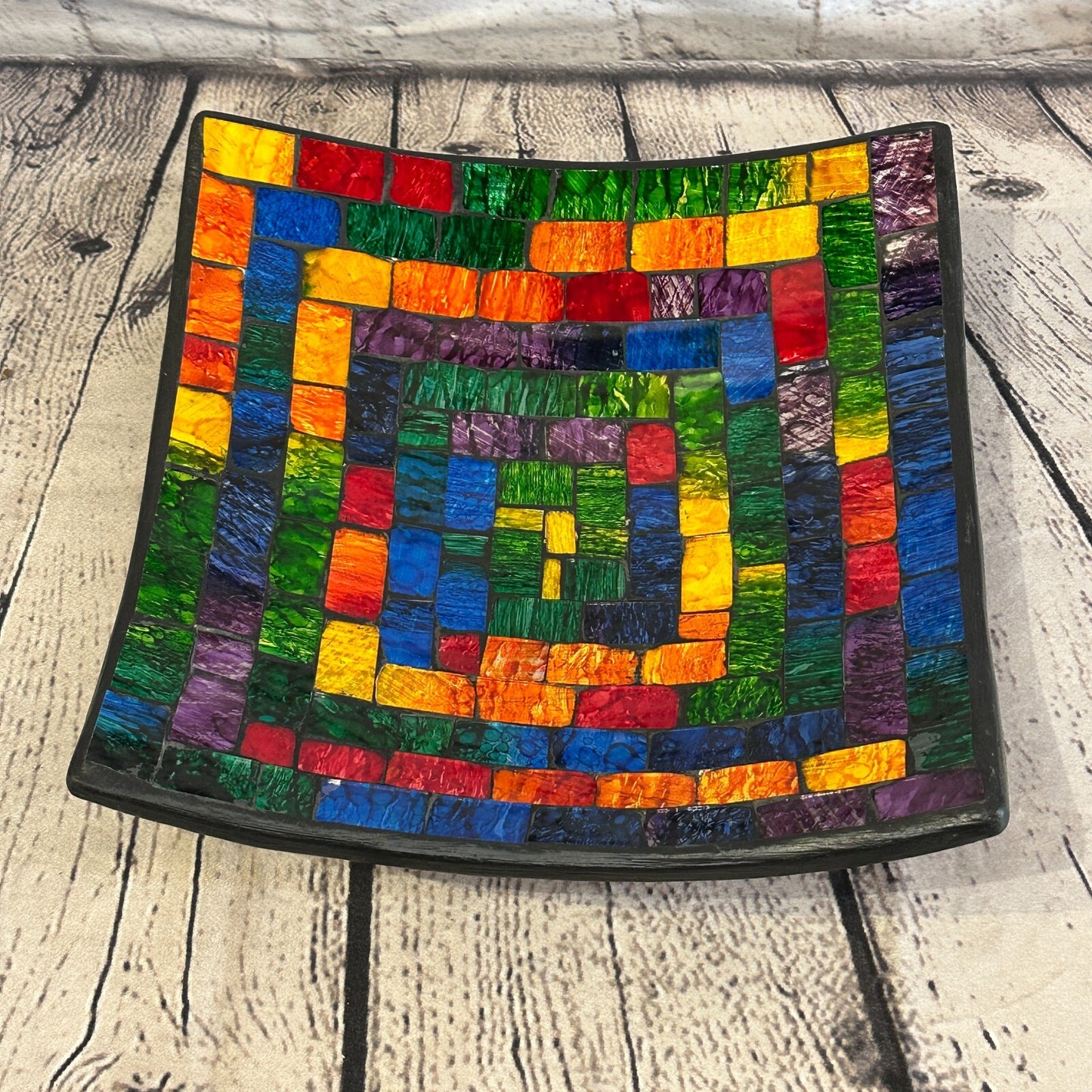 25cm Rainbow Small Swirl Square Mosaic Handmade Ceramic Glass Tile Bowl Fruit