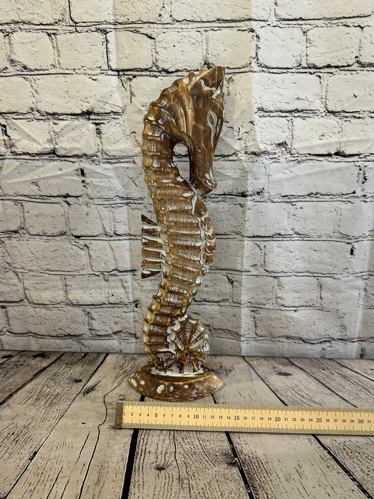 40cm Brown Plain Wooden Shabby Seahorse Statue Ornament Fair Trade Handcarved