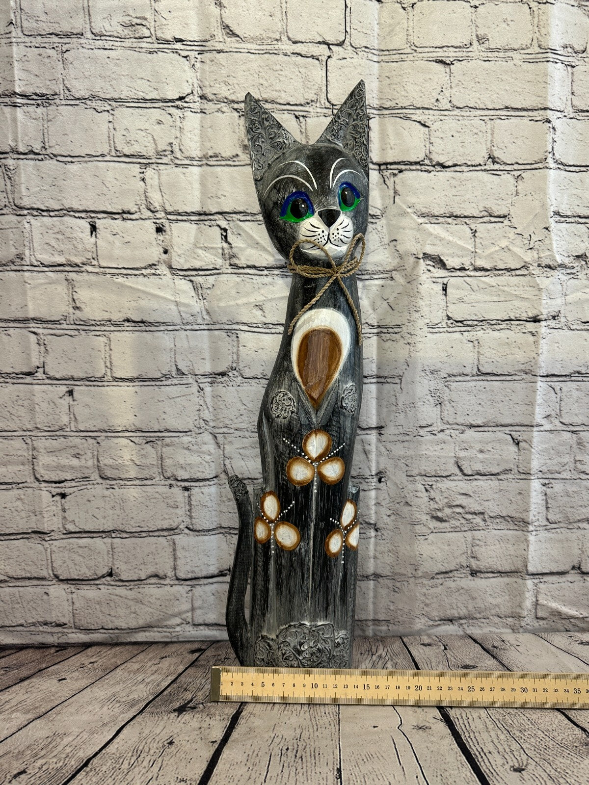 60cm Grey Swirl Flower Wooden Shabby Cat Statue Ornament Fair Trade Handcarved