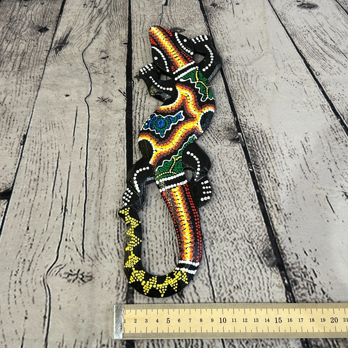 30cm Gecko Carved Wooden Dot Painted Ethnic Tribal Tiki Wall Handmade No 5