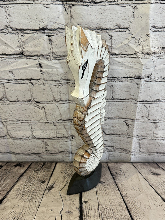 40cm White Brown Wooden Shabby Seahorse Statue Ornament Fair Trade Handcarved