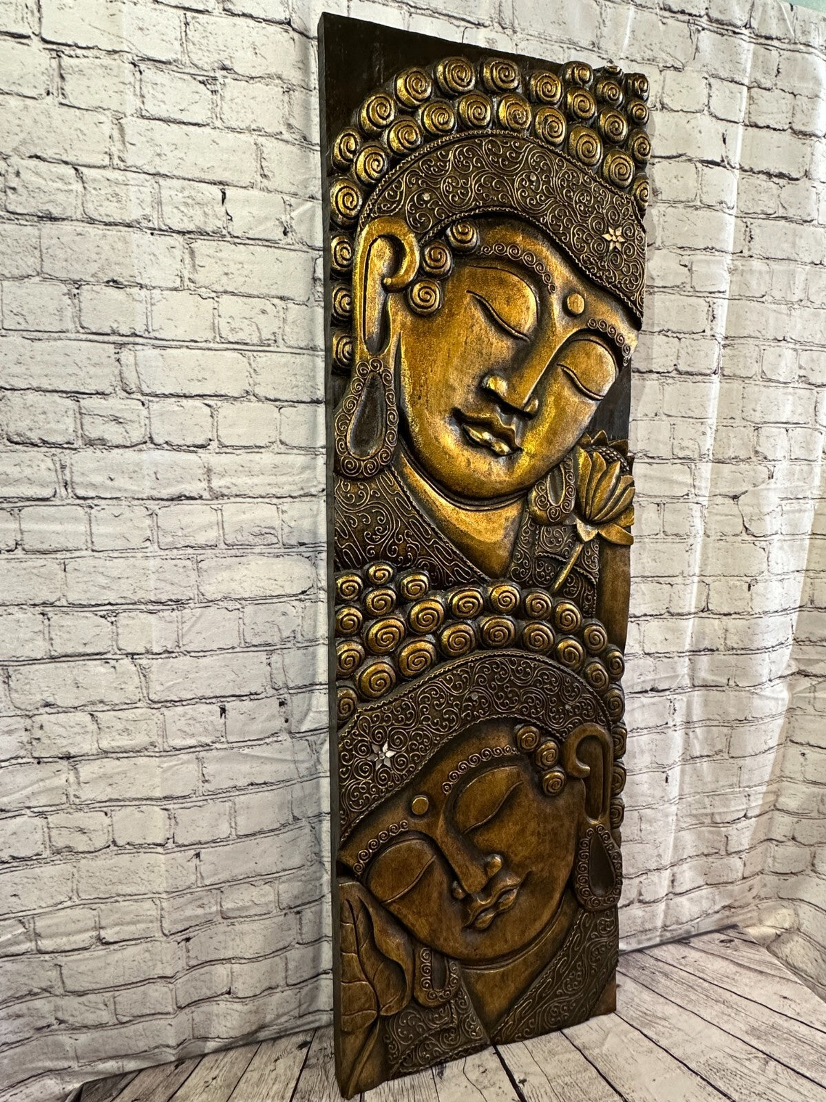 120cm x 40cm Tall Buddha 2 Faces Gold Wooden Wood Panel Wall Art Plaque