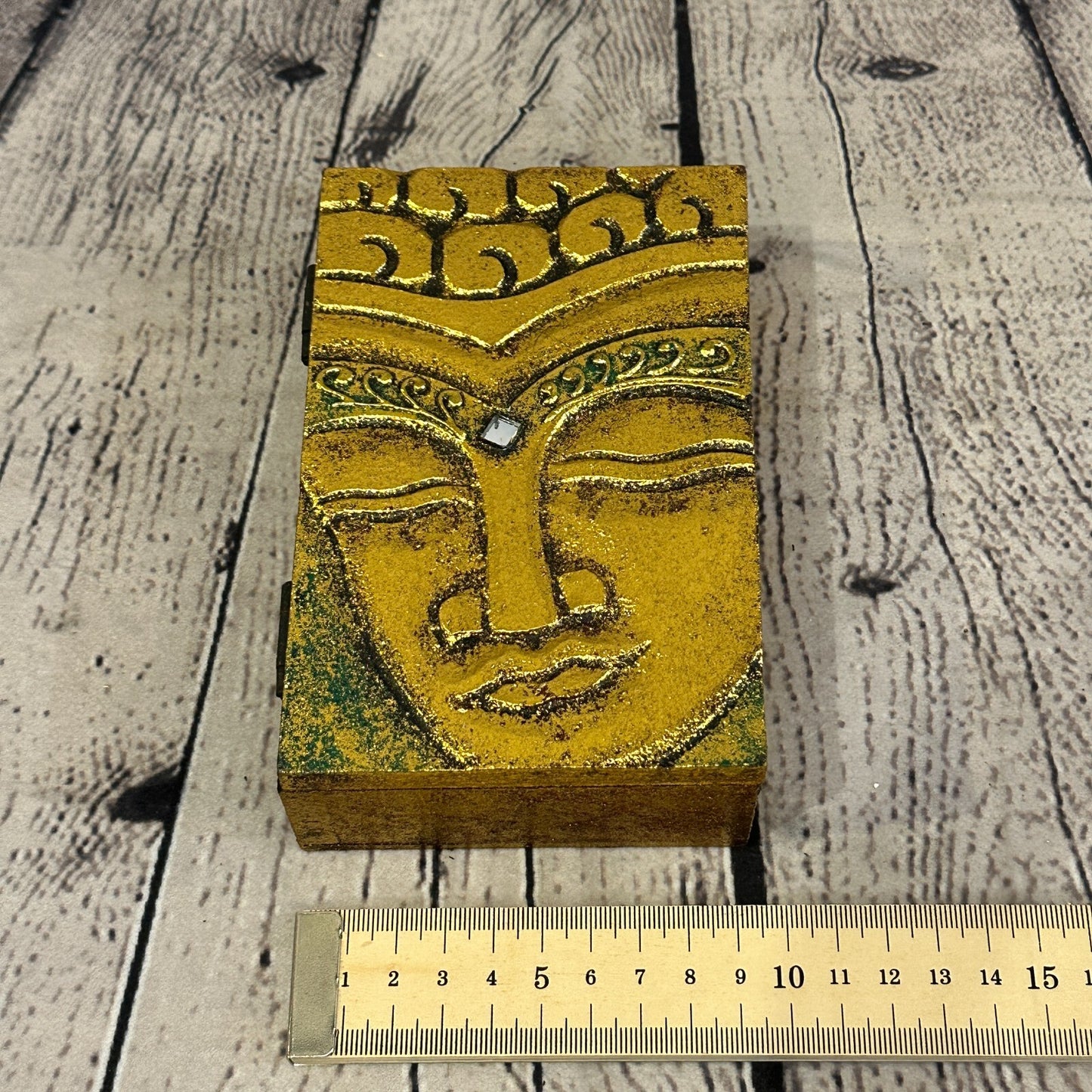 Bright Gold Thai Plain Buddha Head 10cm x 15cm x 4cm Wooden Box Trinket Handmade