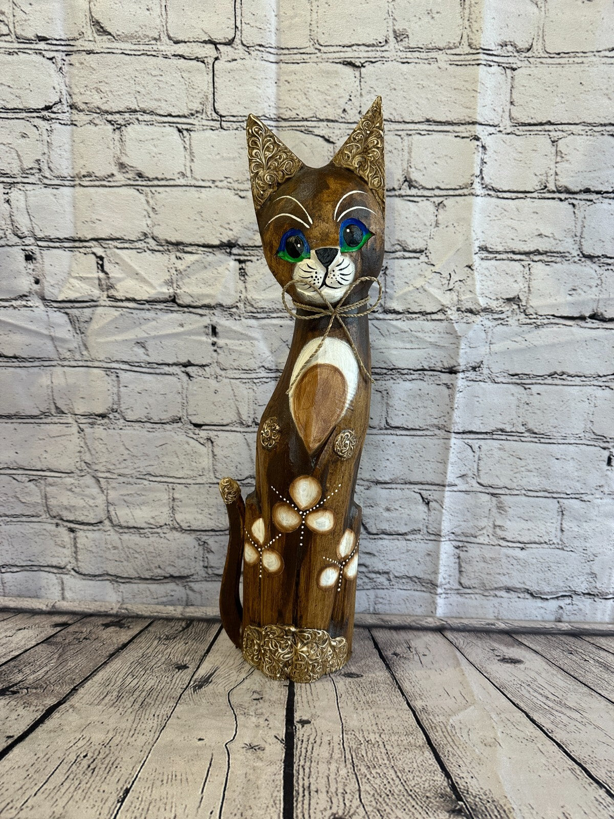 50cm Brown Swirl Flower Wooden Shabby Cat Statue Ornament Fair Trade Handcarved