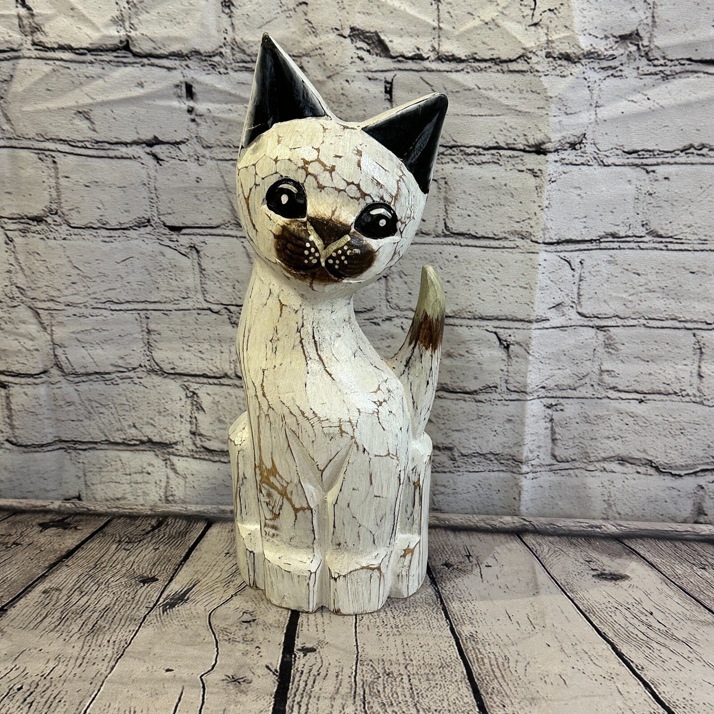 35cm x 15cm White Flower Wooden Shabby Cat Statue Ornament Fair Trade Handcarved