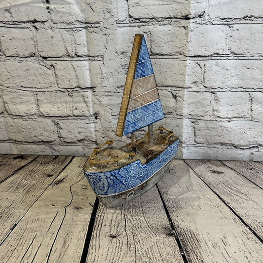 25cm Rustic Wooden Brown & Blue Sailing Boat Nautical Ornament Sculpture Decor