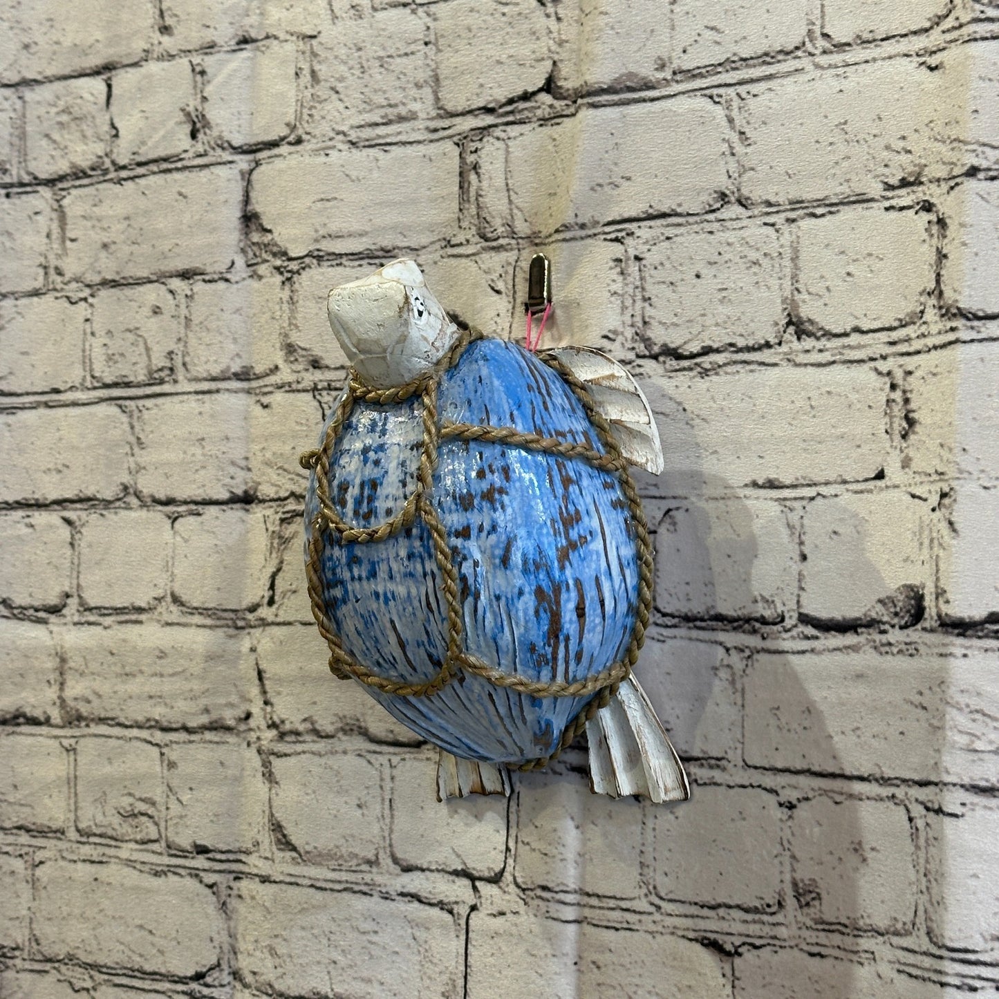 White Blue Folk Art Hand Painted Turtle Coconut Shell Ornaments Hanging Decor