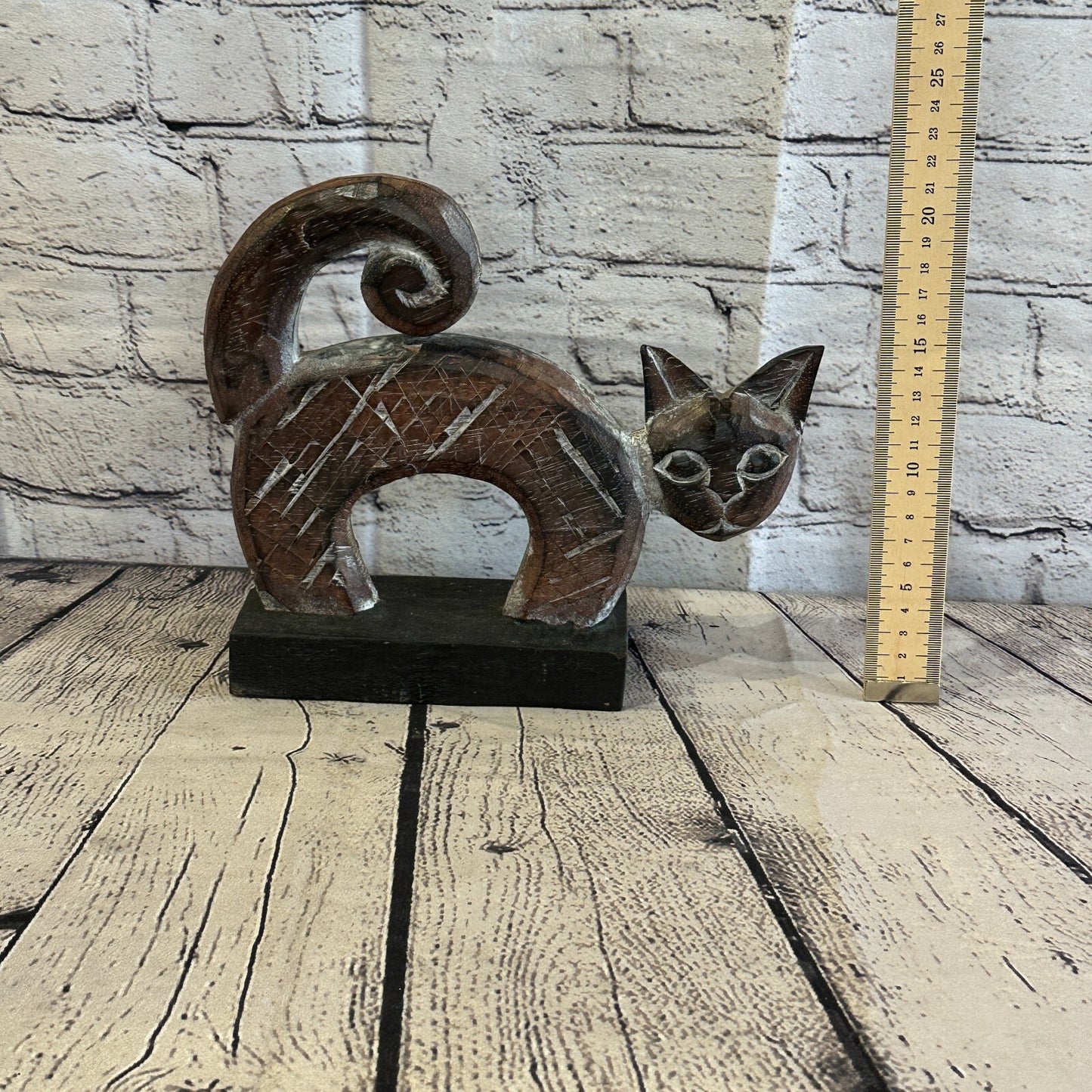 22cm x 20cm  Wooden Tribal Primitive Black Cat Stand Sculpture Statue Art