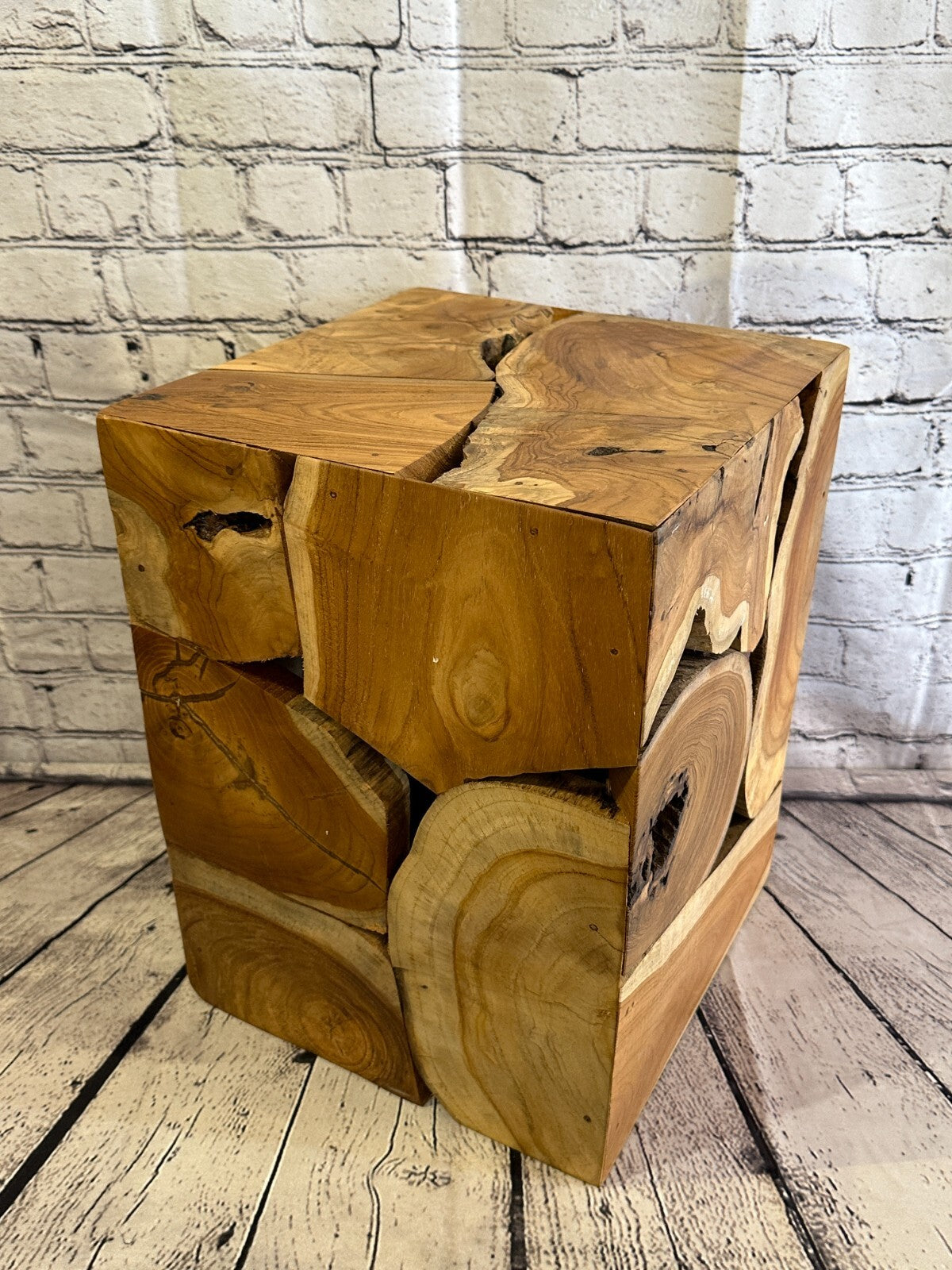 40cm x 30cm Teak Root Wood Block Side Table Lamp Stool Square Wood Coffee Table