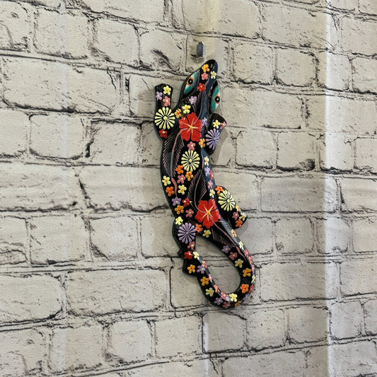 30cm Gecko Lizard Black Flower Wood Wall Hanging Wooden Ornaments Carving