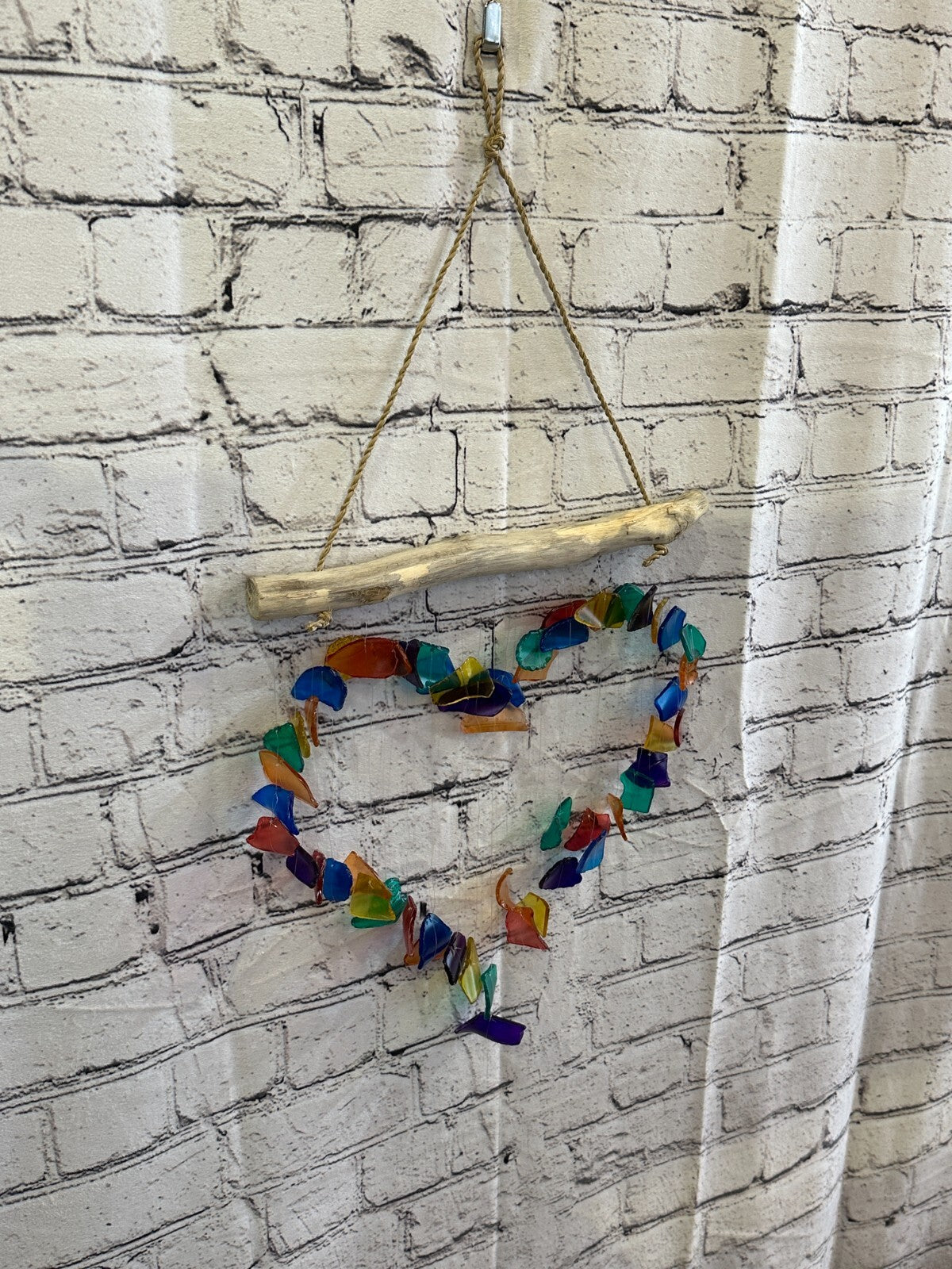 35cm x 25cm Rainbow Heart Recycled Glass Driftwood Handmade Garden Home Mobile