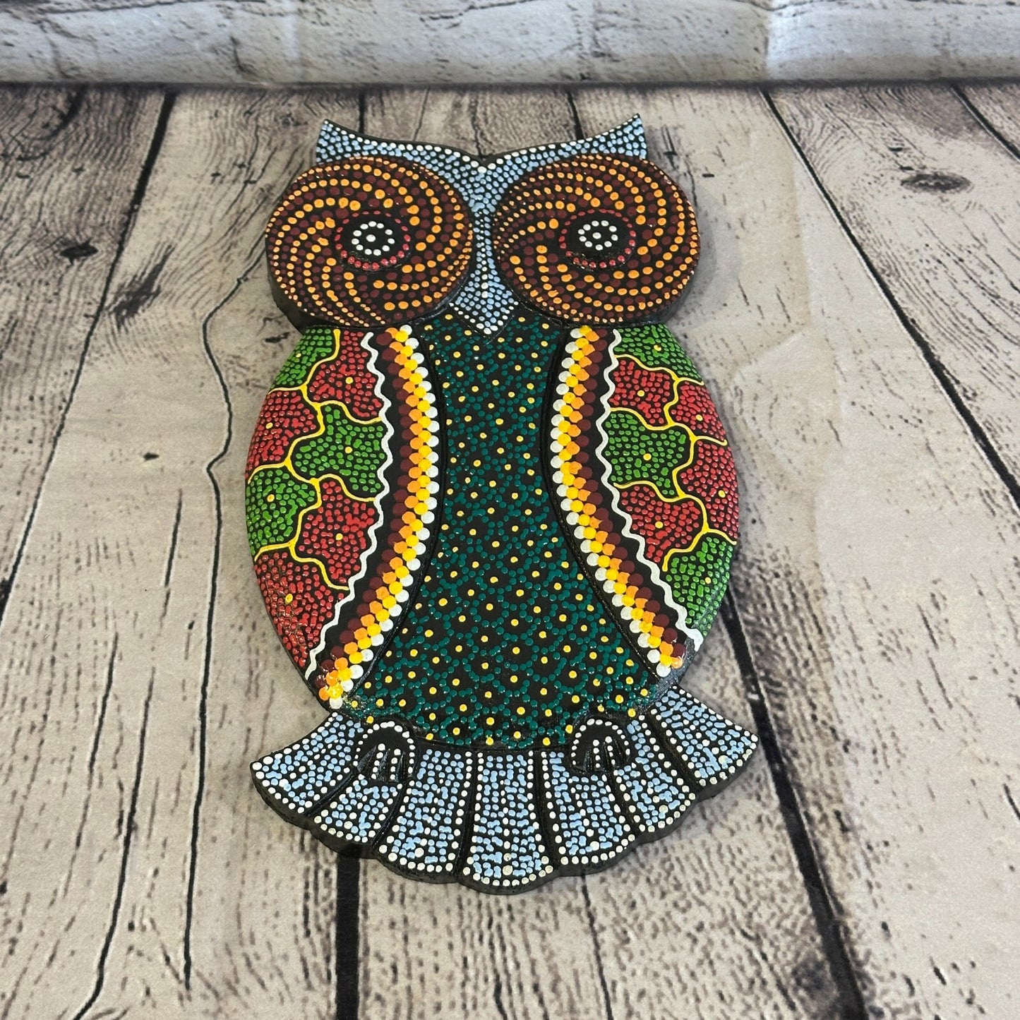 30cm Owl Carved Wooden Dot Painted Ethnic Tribal Tiki Wall Art Handmade No 3