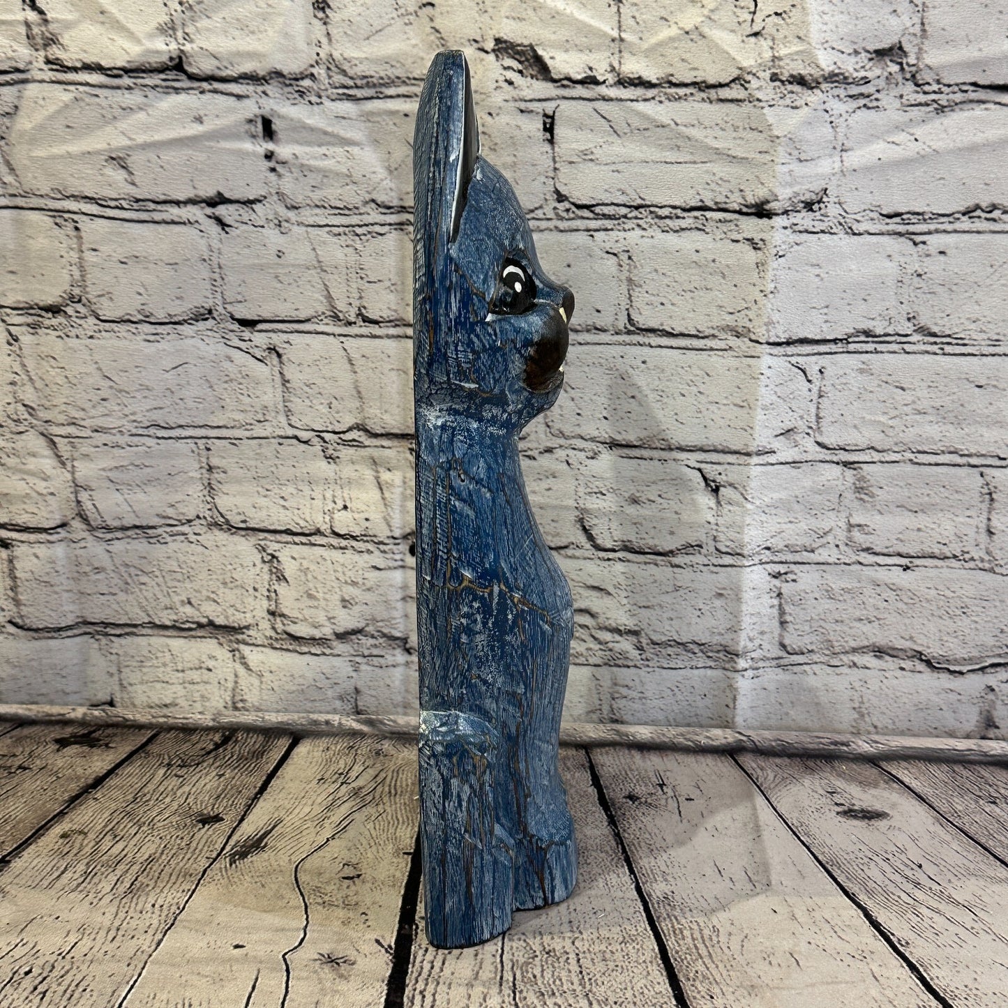 35cm x 15cm Blue Flower Wooden Shabby Cat Statue Ornament Fair Trade Handcarved