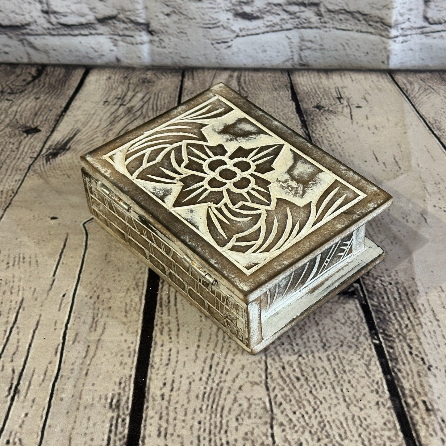 Brown Flower MDF Box Lotus 14cm x 10cm x 6cm Wooden Box Trinket Handmade