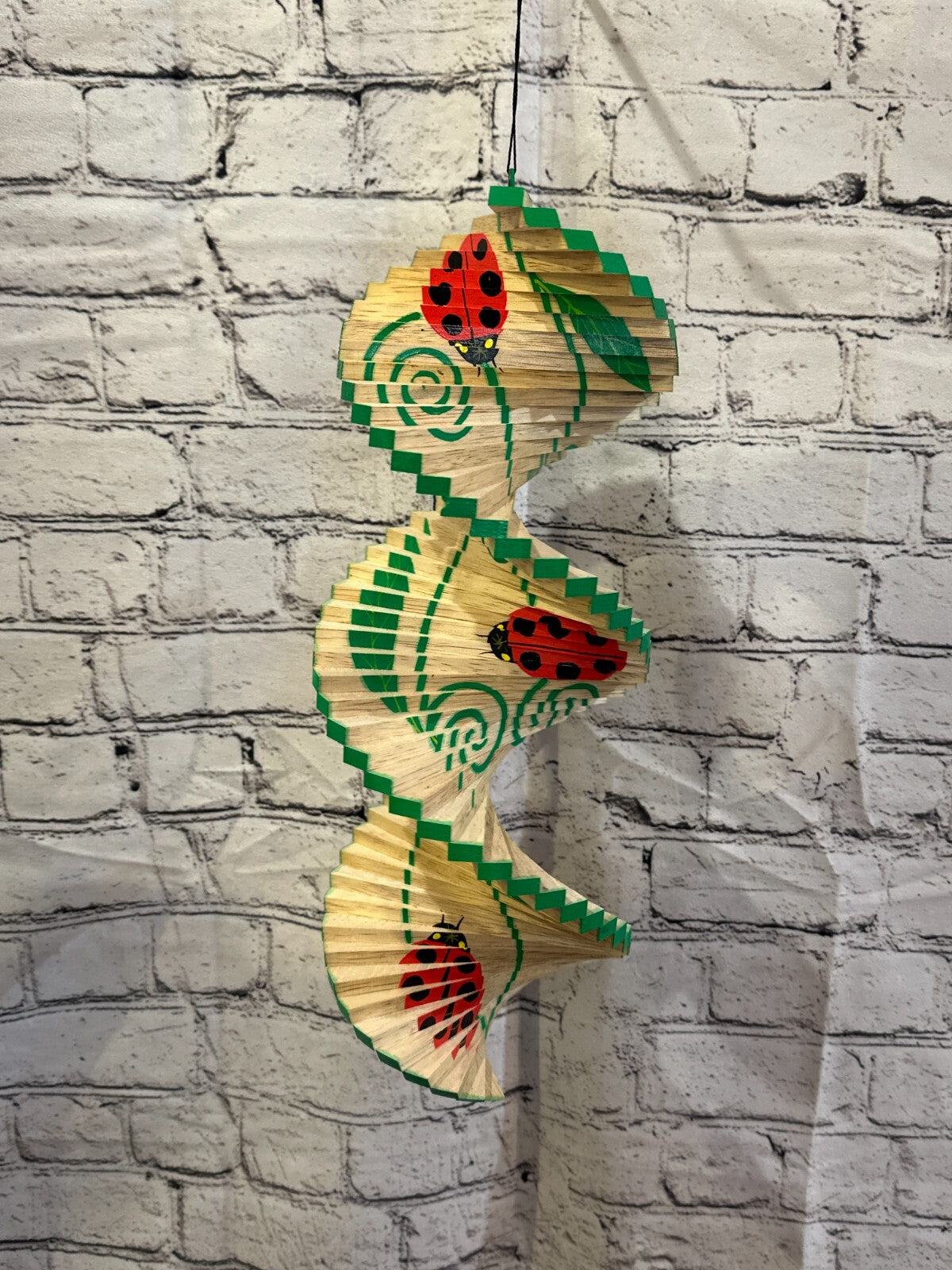 40cm Red Green Ladybird Wind Spinner Wooden Spiral Mobile Garden Ornament