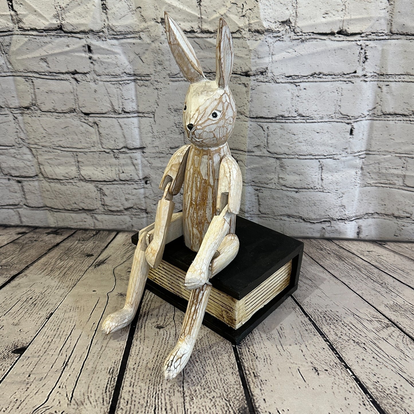 30cm Shabby White Rabbit Sitting Animal Wooden Shelf Ornament Handmade Fairtrade