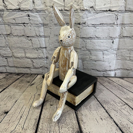 30cm Shabby White Rabbit Sitting Animal Wooden Shelf Ornament Handmade Fairtrade