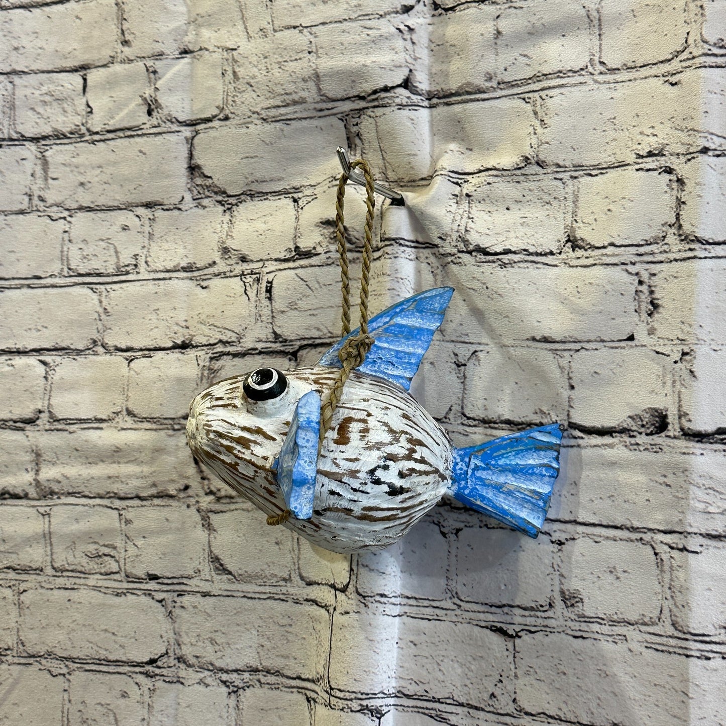 Blue White Folk Art Hand Painted Puffer Fish Coconut Shell Ornaments Hanging