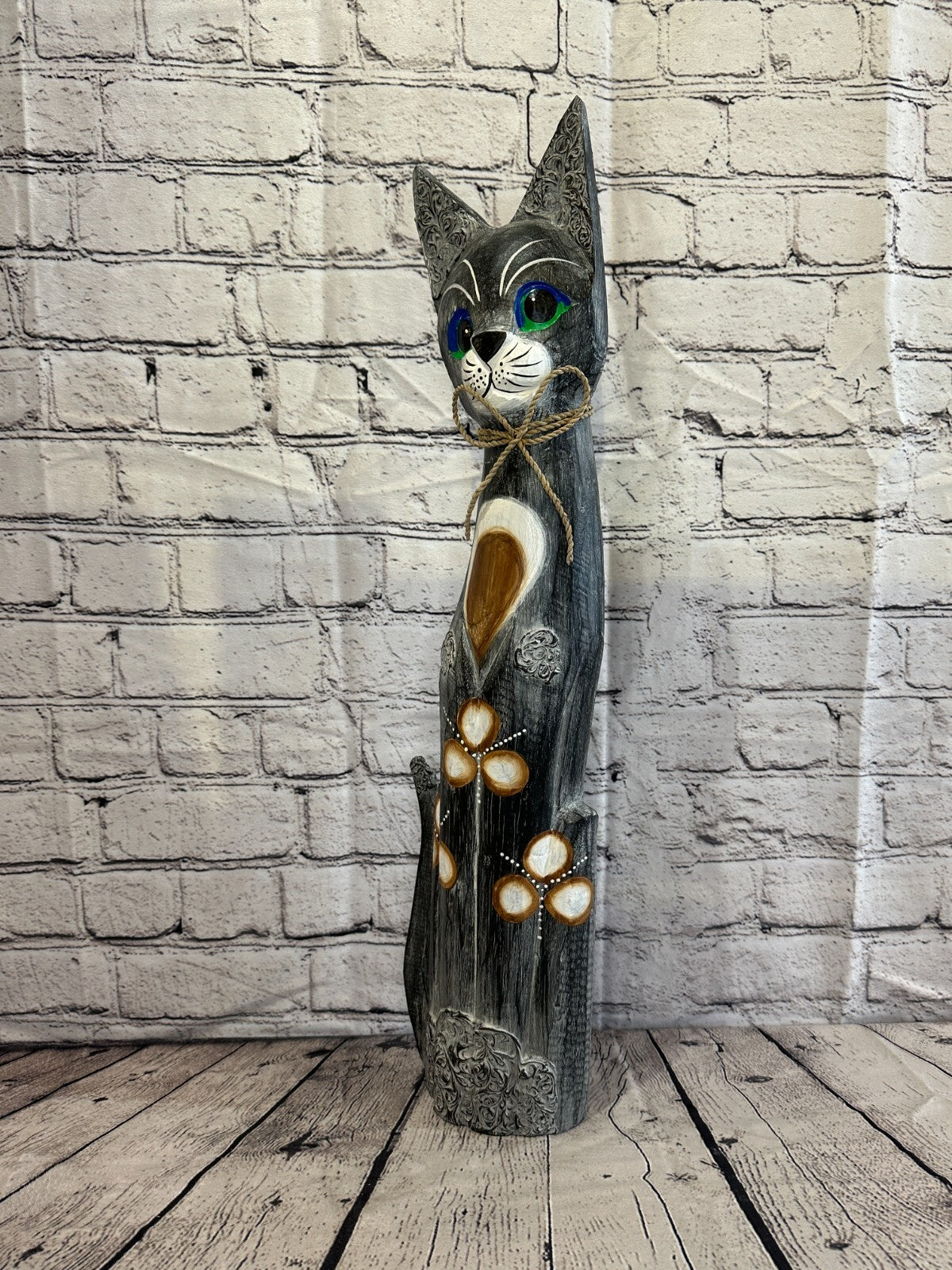 60cm Grey Swirl Flower Wooden Shabby Cat Statue Ornament Fair Trade Handcarved