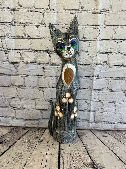 50cm Grey Swirl Flower Wooden Shabby Cat Statue Ornament Fair Trade Handcarved