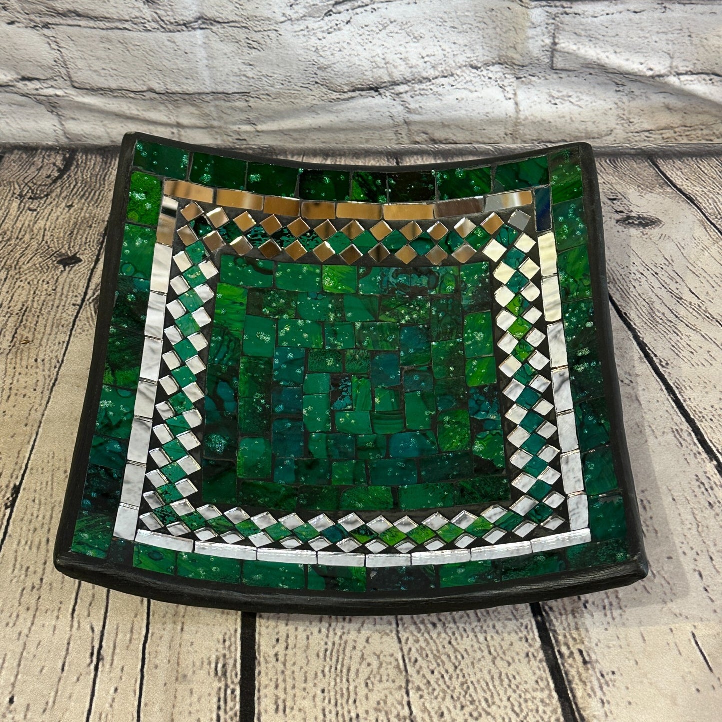 25cm Green Square Mosaic Handmade Ceramic Glass Tile Bowl Fruit
