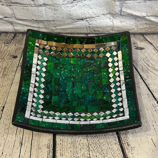 25cm Green Square Mosaic Handmade Ceramic Glass Tile Bowl Fruit
