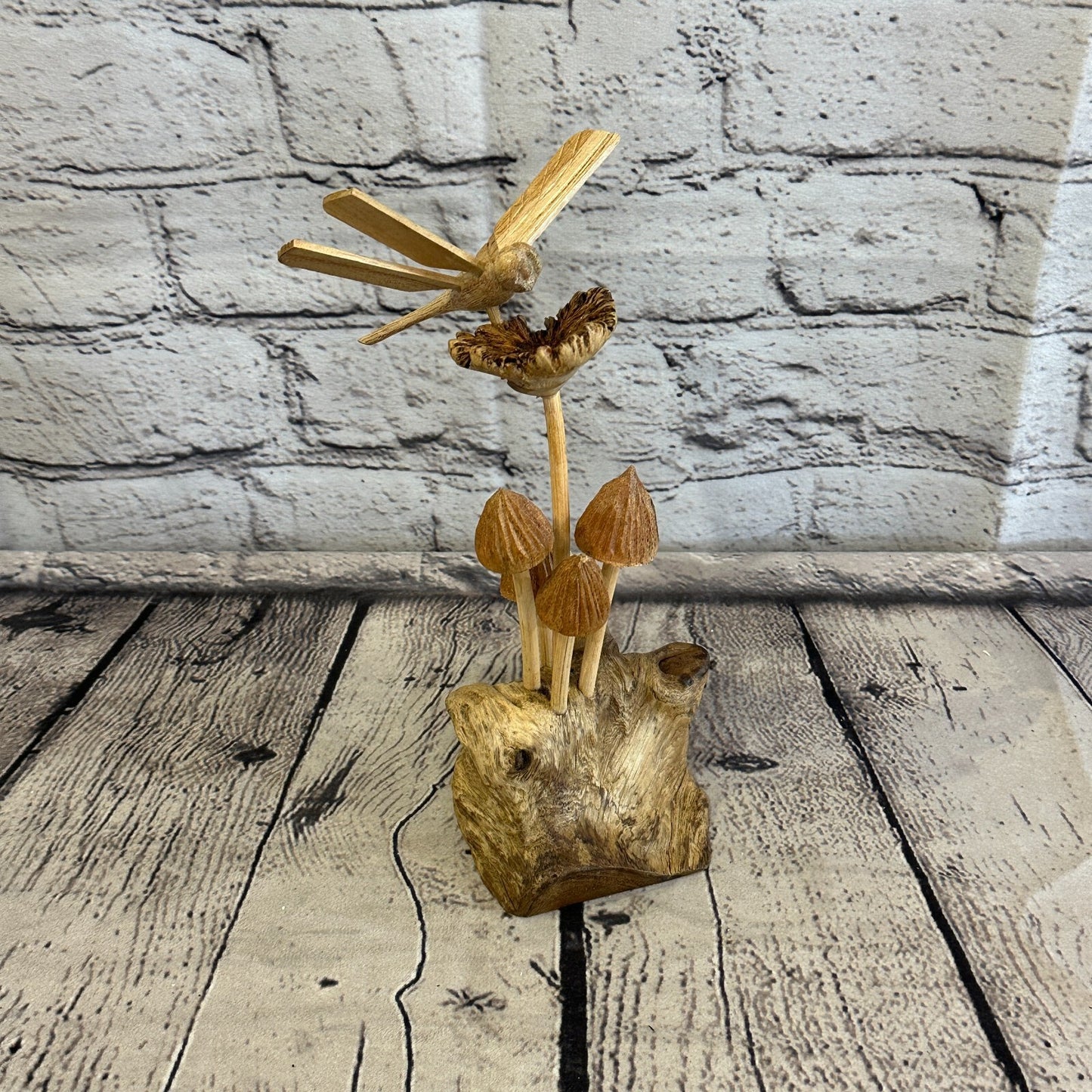 Dragonfly Mushroom Stand Parasite Wood Ornament Natural Carving Wooden Standing