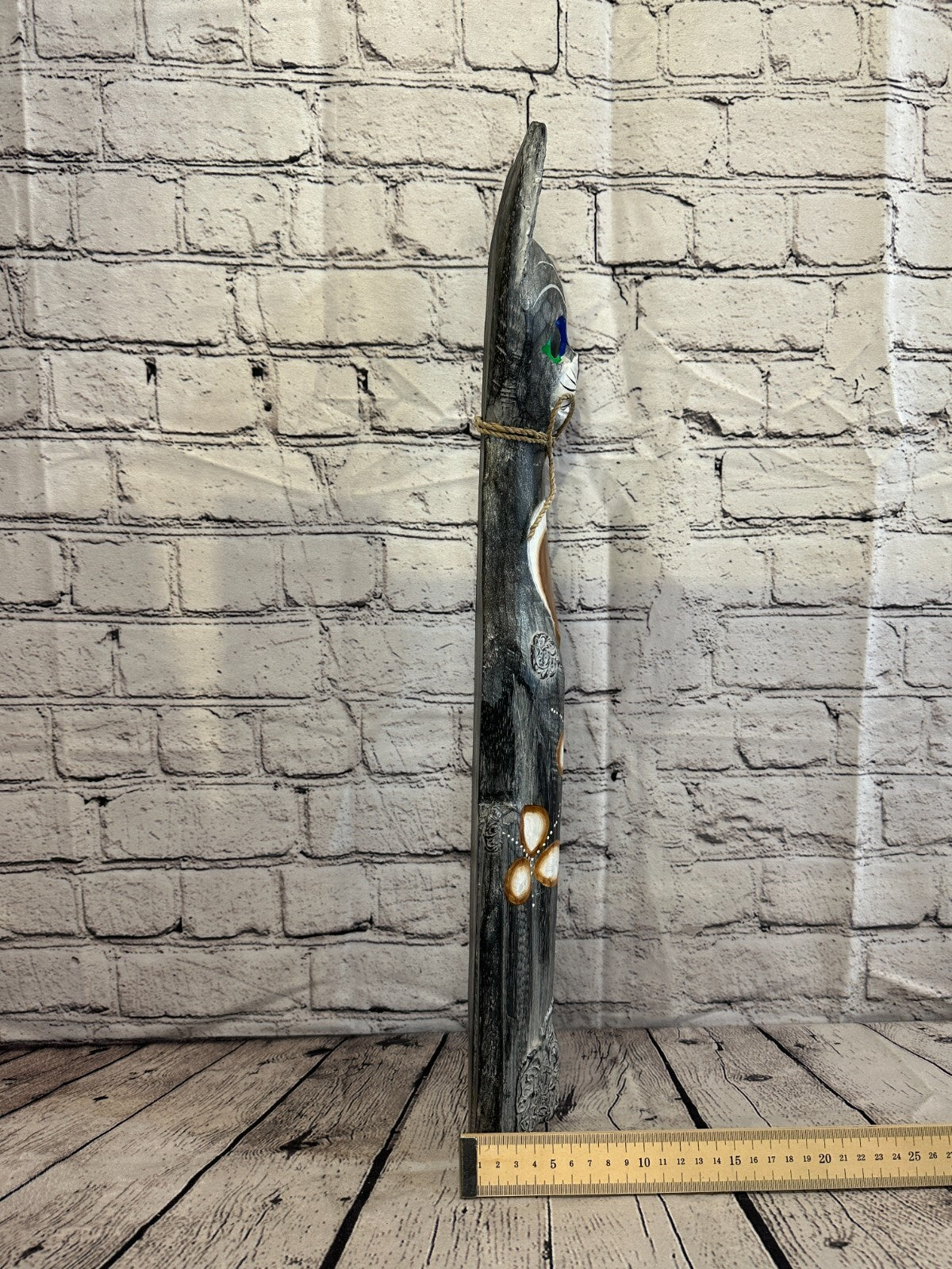 60cm Grey Swirl Flower Wooden Shabby Cat Statue Ornament Fair Trade Handcarved